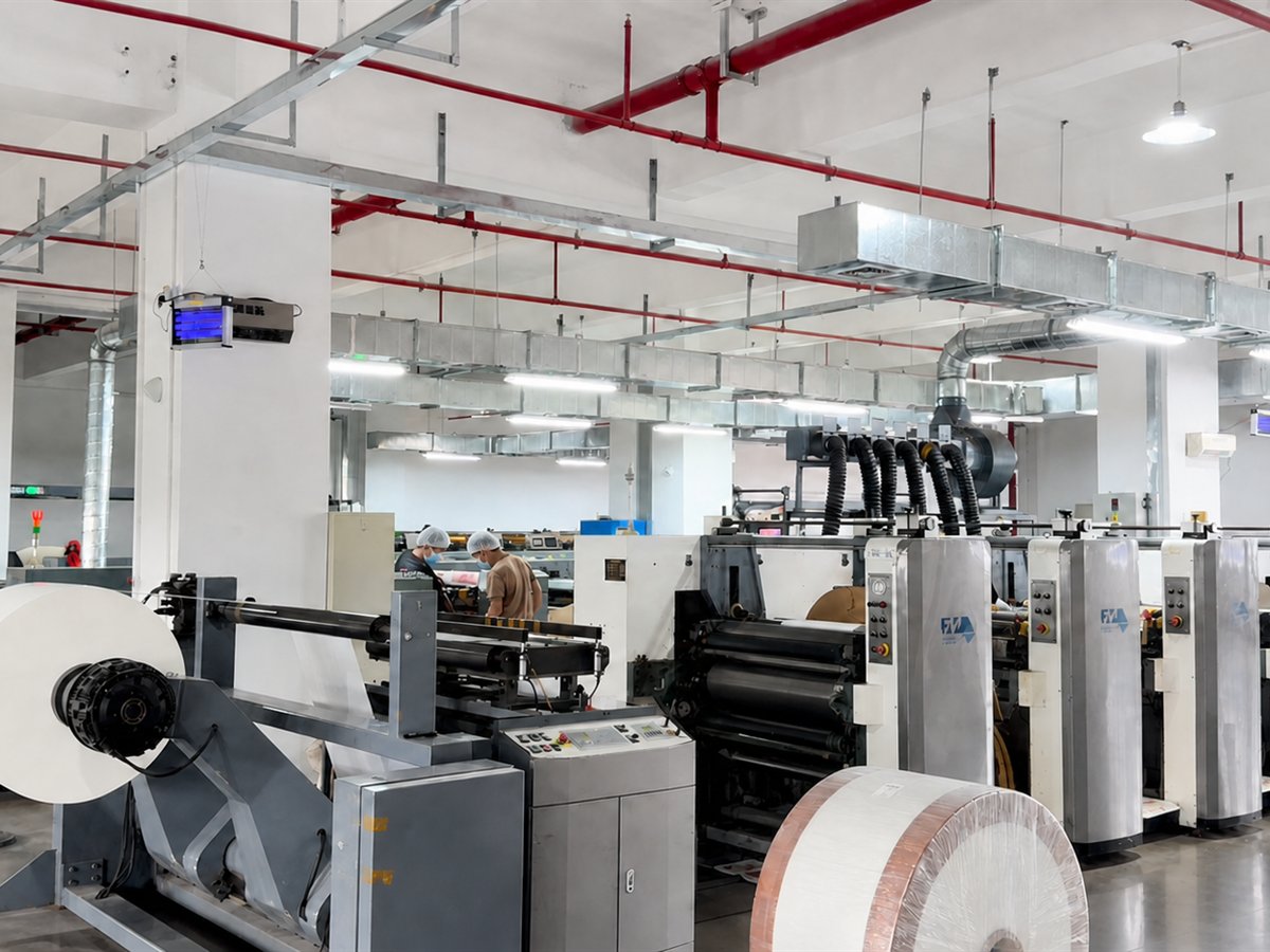 Printing press and paper rolls in the production workshop