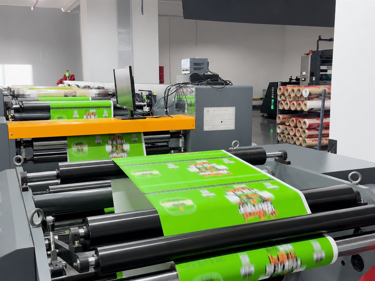 Printed paper web running through production equipment