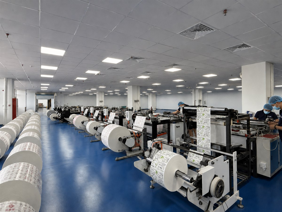 Rows of paper converting machines in the production area
