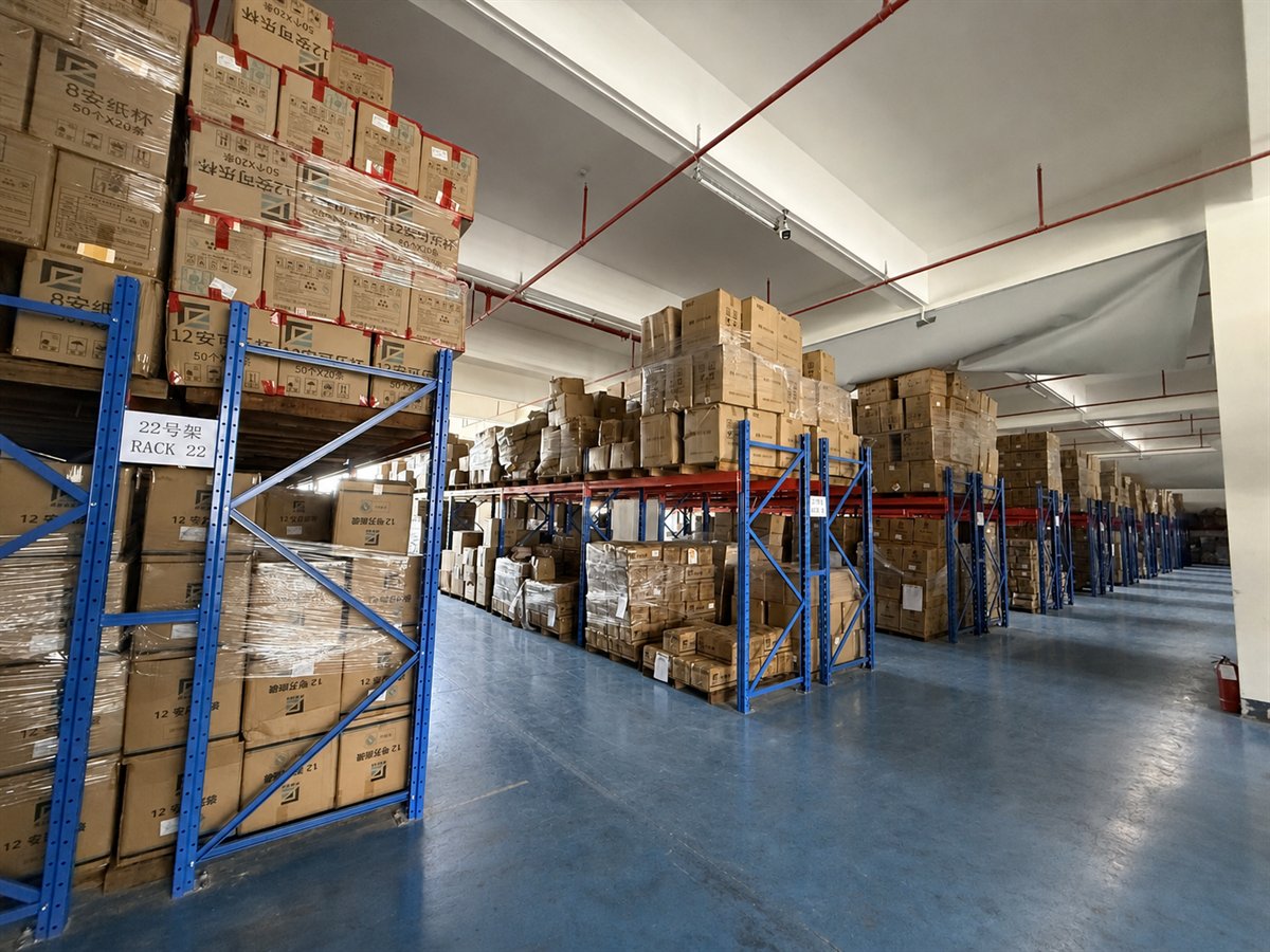 Packed finished goods stored on warehouse racks