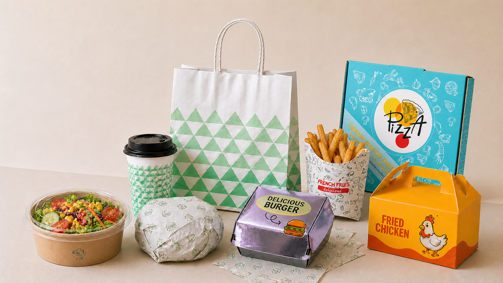 WRAPLUME custom food paper packaging including a paper bag, cup, food boxes, printed wrapping paper and takeaway containers