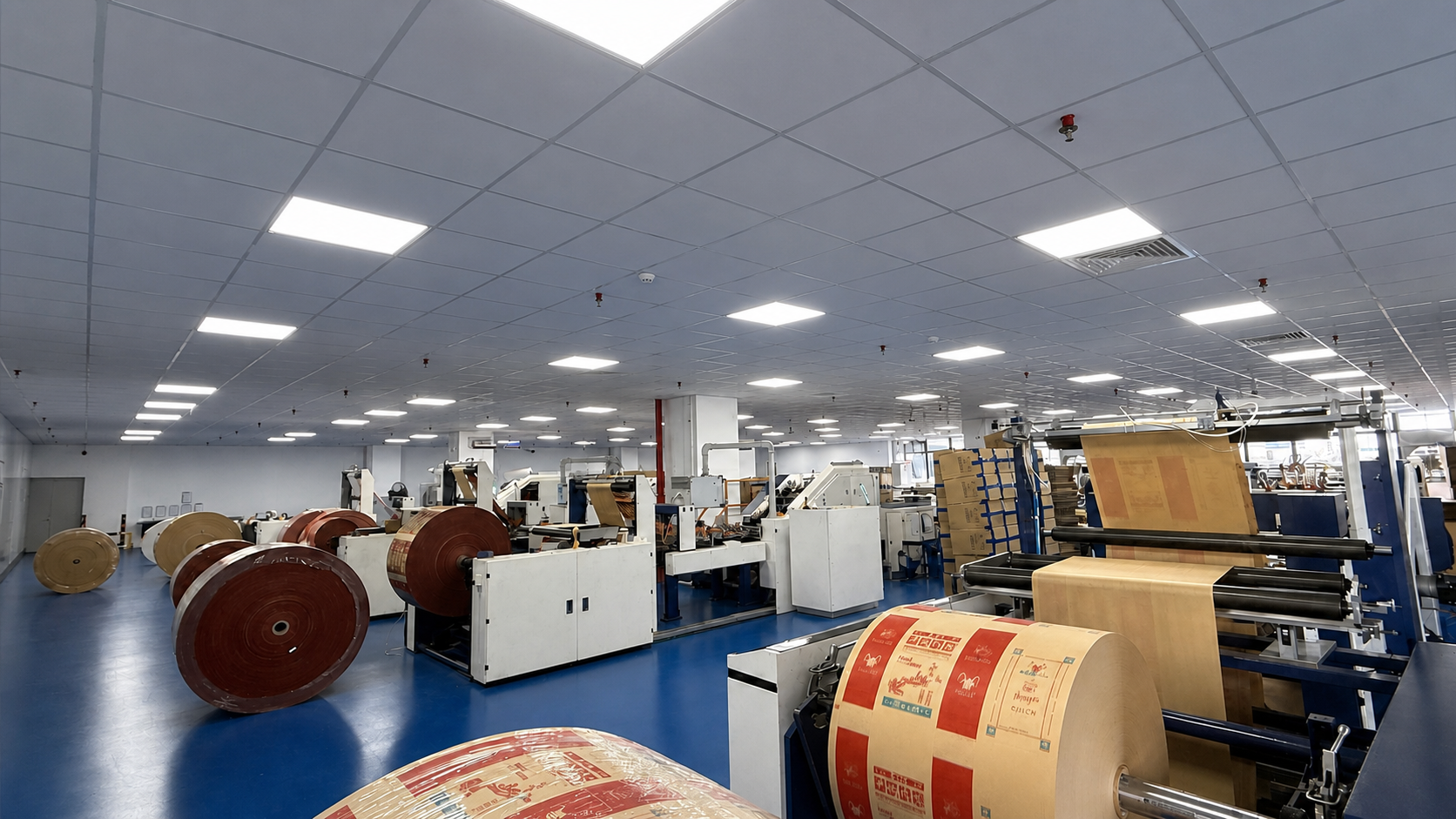 Wide view of the WRAPLUME food paper packaging production workshop