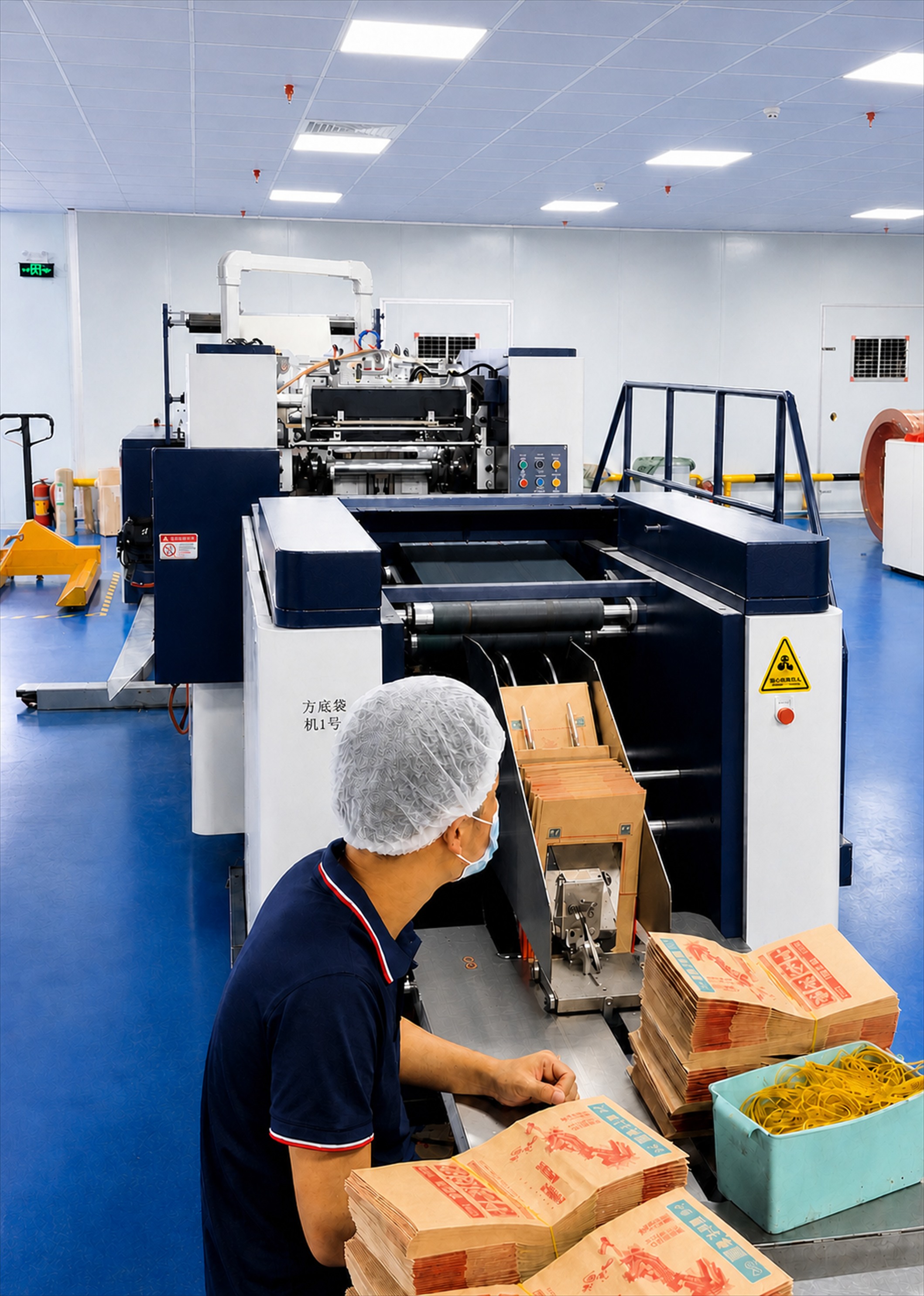 WRAPLUME production employee operating paper packaging machinery with protective cap and mask