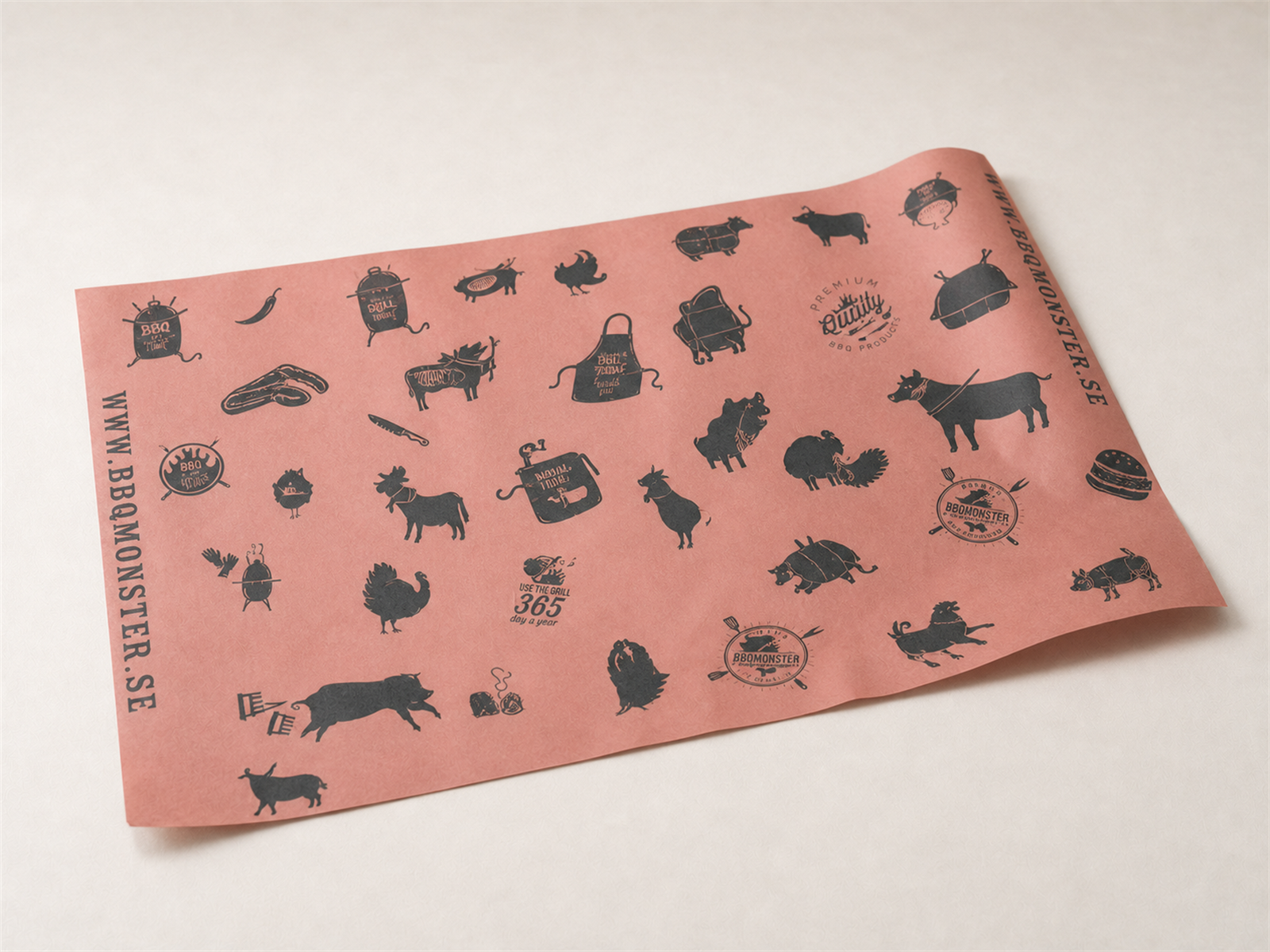 Flexible pink butcher paper sheet with black barbecue-themed printing