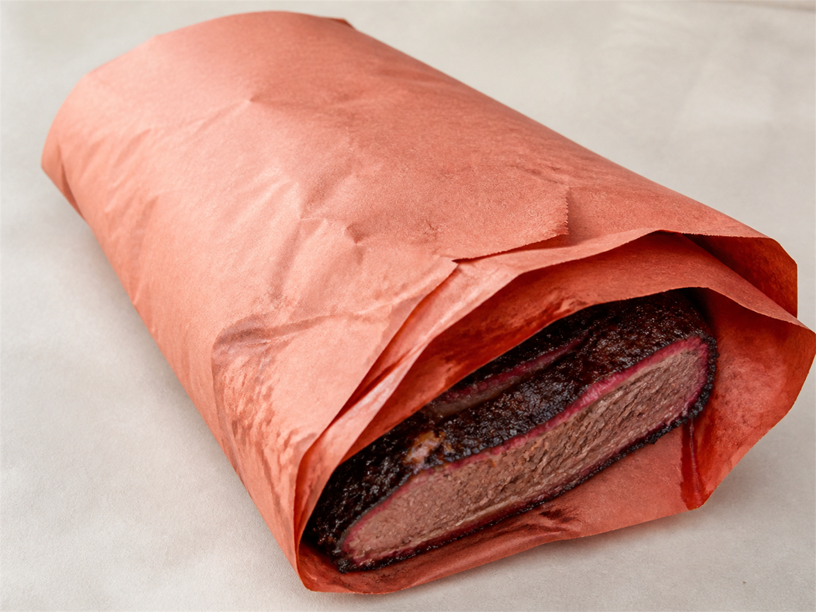 Smoked beef brisket wrapped in pink butcher paper
