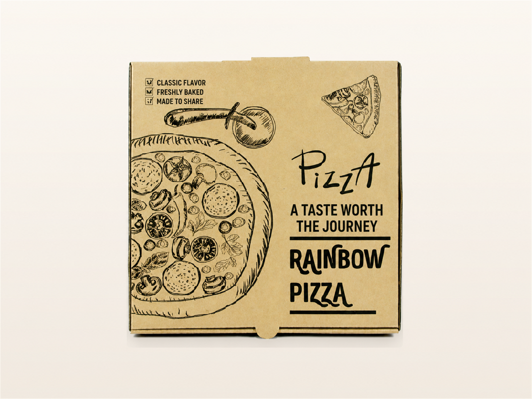 Natural kraft pizza box with black custom printing for takeaway and delivery
