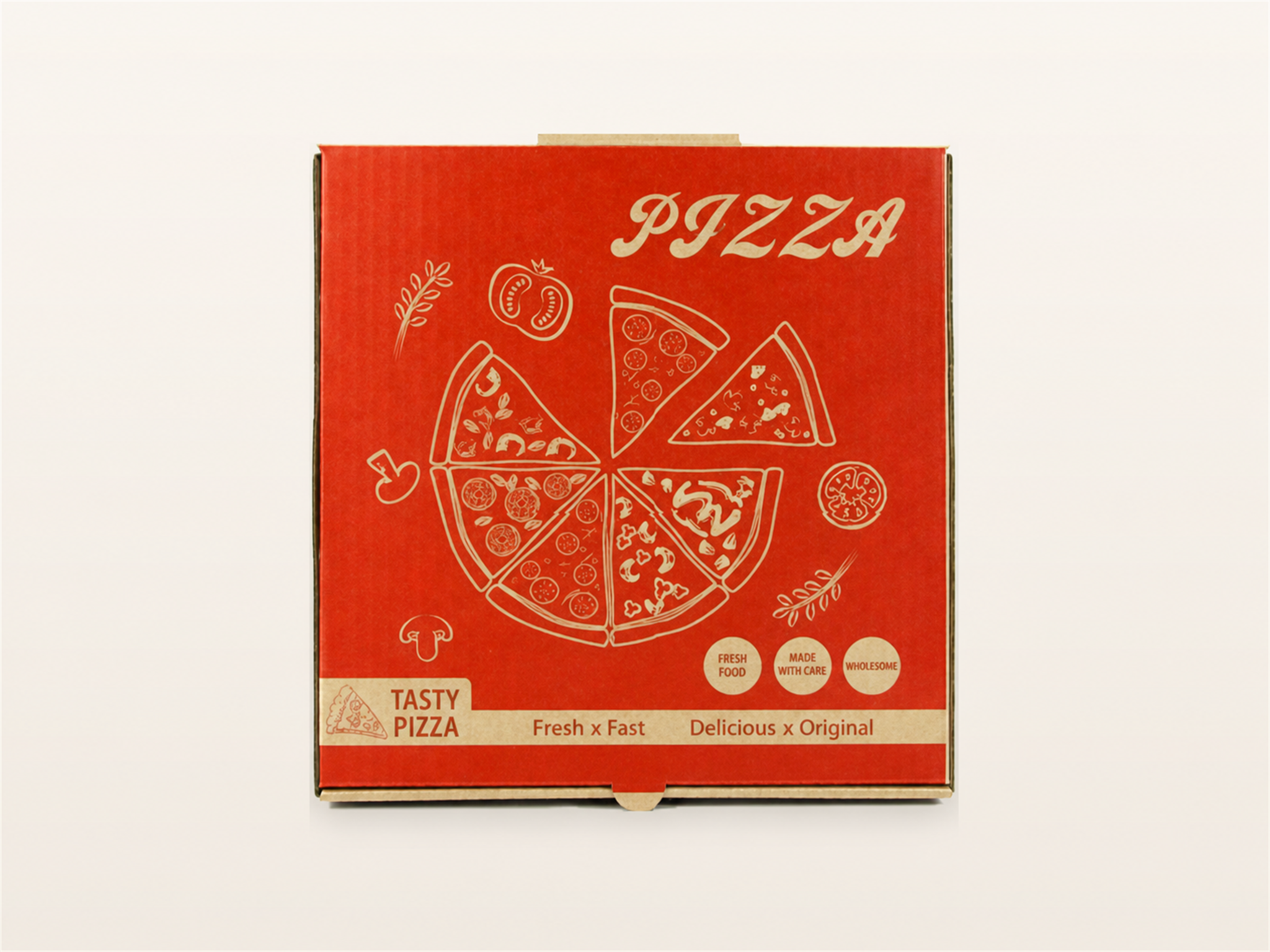 Red printed kraft pizza box with cream pizza illustrations and English text
