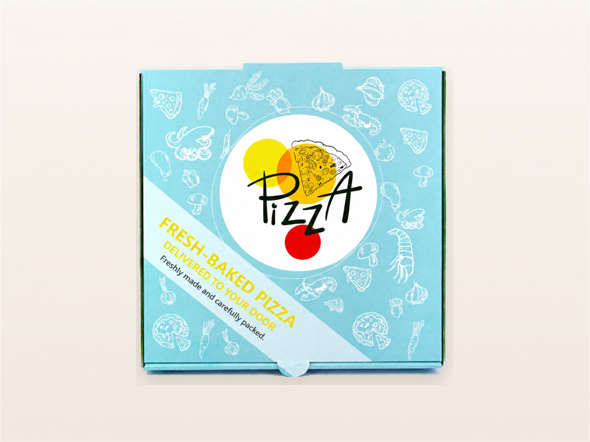 Pale blue custom printed pizza box with food illustrations and English text