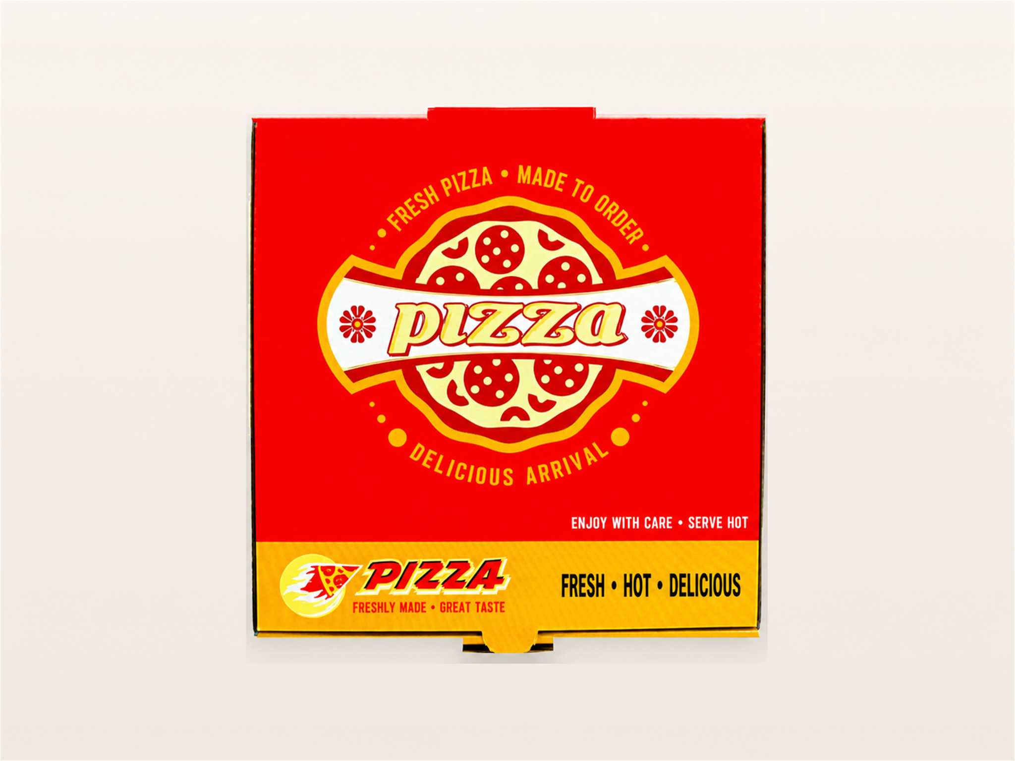 Red and yellow custom printed pizza box with English takeaway branding