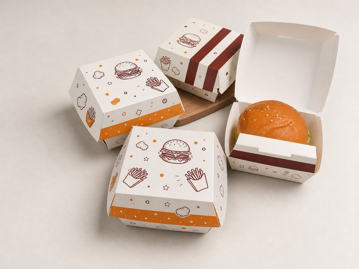 Custom food packaging boxes for burgers, fried foods, chicken boxes and takeaway meal sets