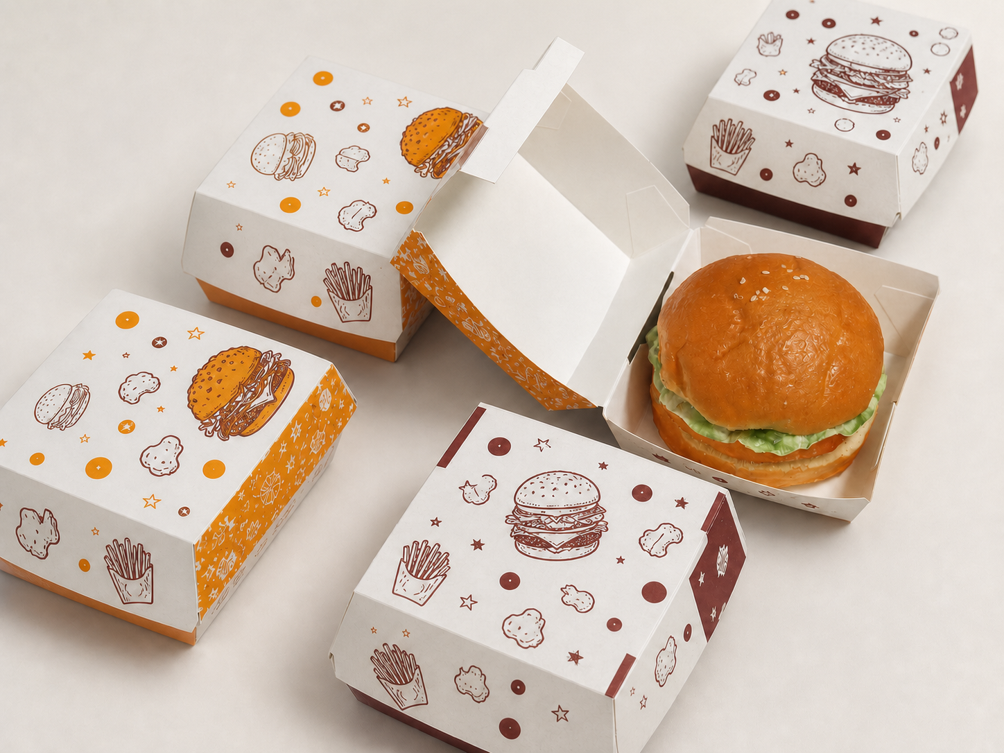 Custom-printed hamburger boxes in multiple sizes