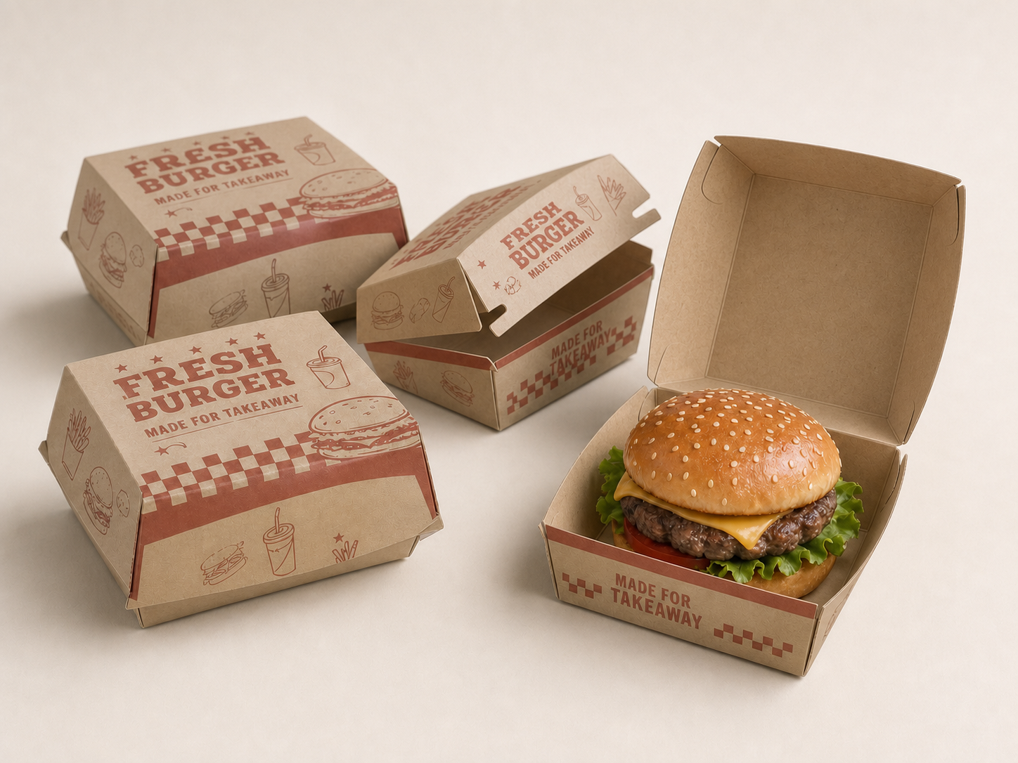 Kraft paperboard hamburger clamshell box range with one open box holding a burger