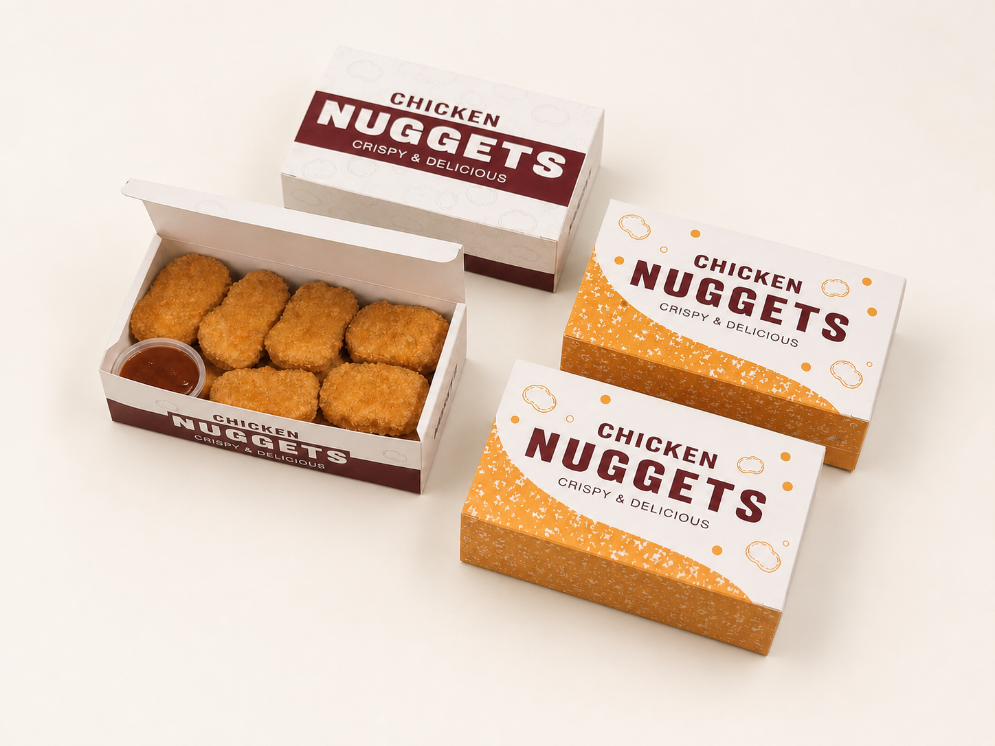 Custom chicken nugget boxes in white, orange and burgundy printed paperboard designs