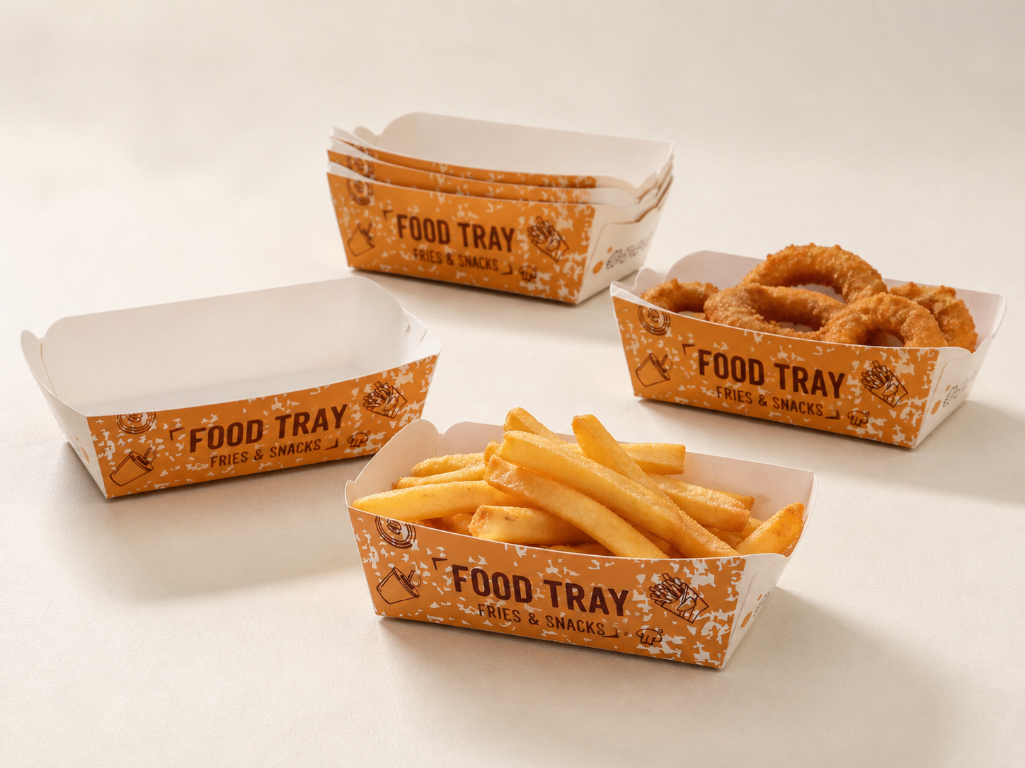 Orange printed food trays in several sizes for fries, onion rings and snacks