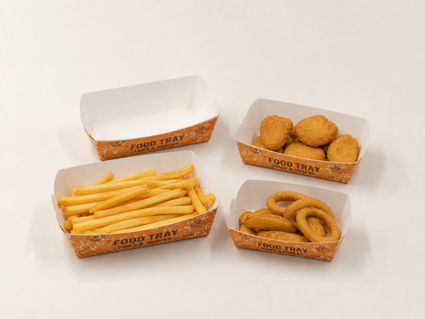 Printed food trays in assorted sizes holding fries, chicken nuggets and onion rings