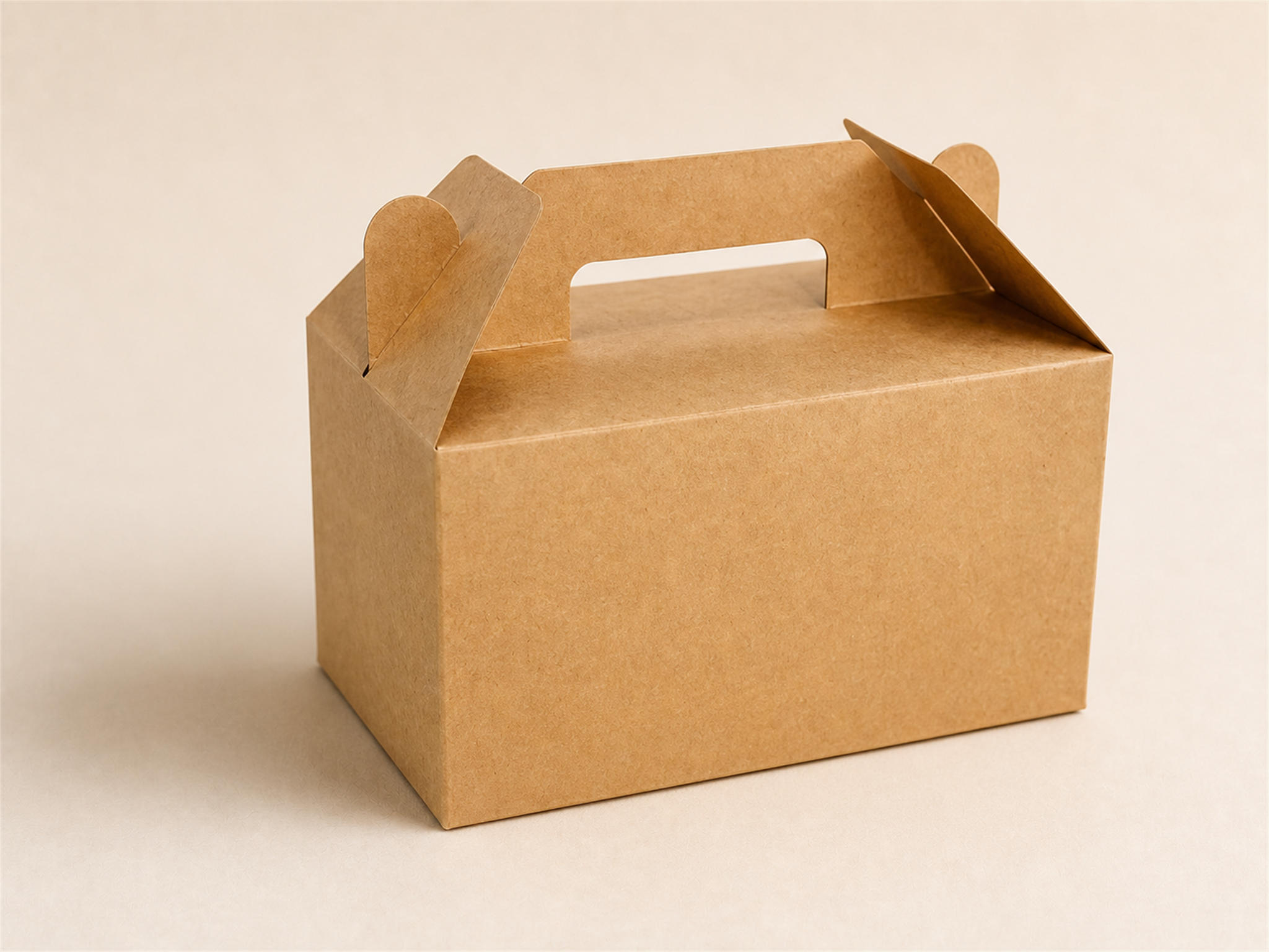 Plain kraft paperboard takeaway box with integrated carry handle and locking flaps