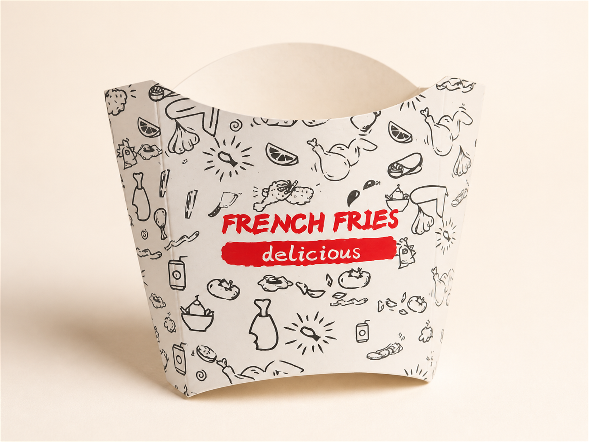 White printed French fry carton with black food illustrations and red lettering