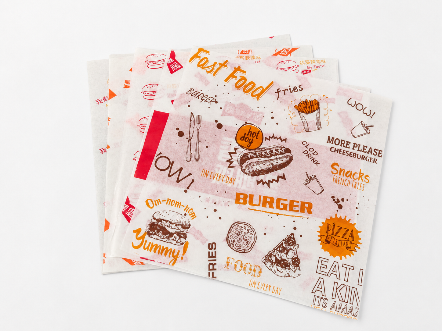 Custom printed greaseproof paper sheets with multiple foodservice artwork designs
