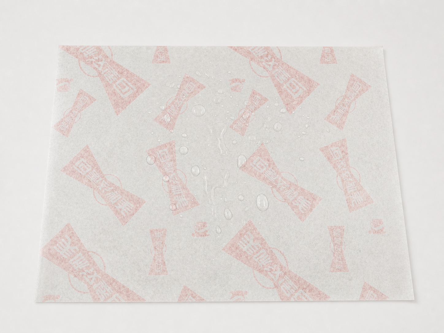 Water droplets beading on a printed greaseproof paper sheet