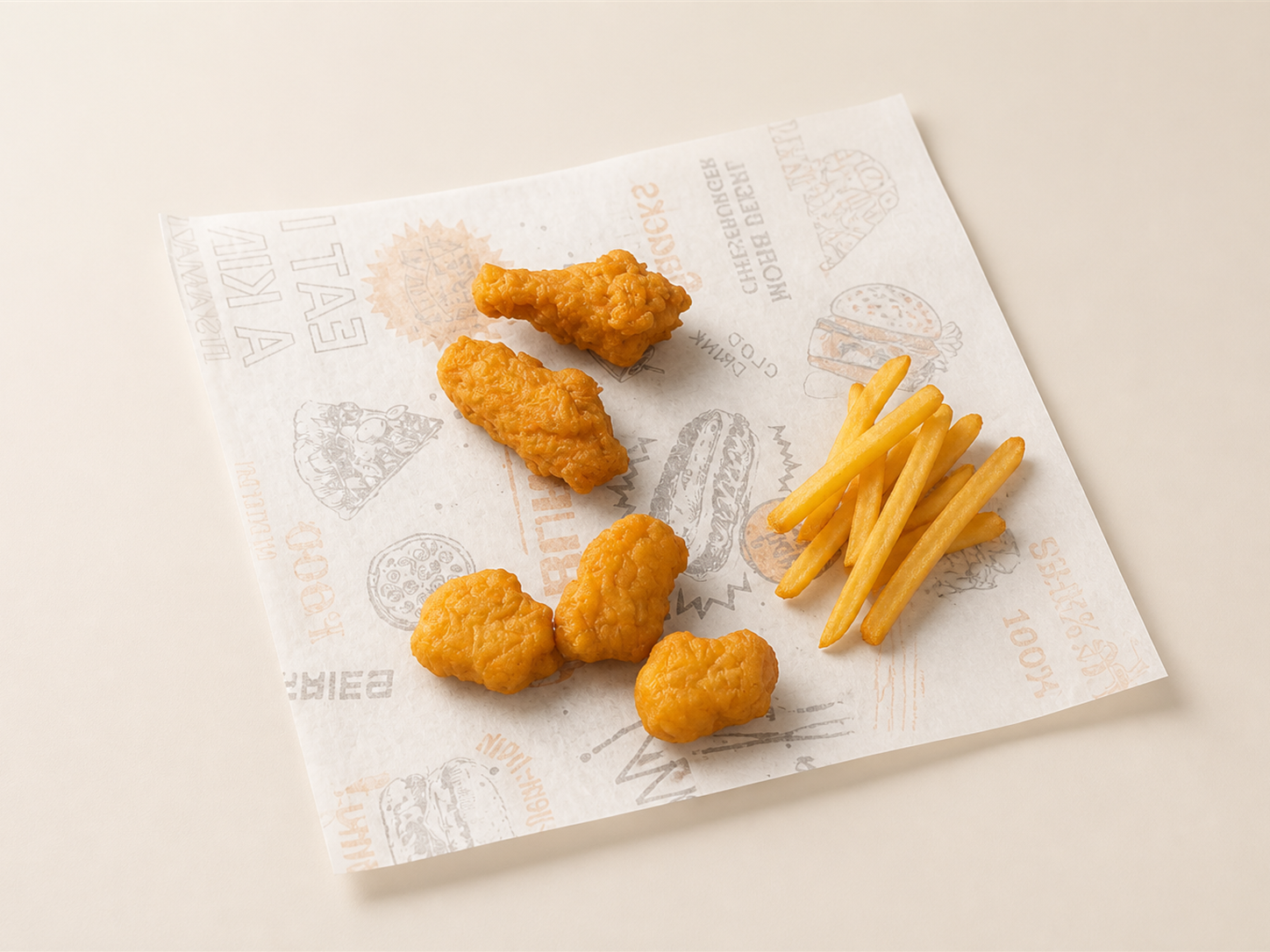 Fried chicken pieces and French fries served on printed greaseproof paper