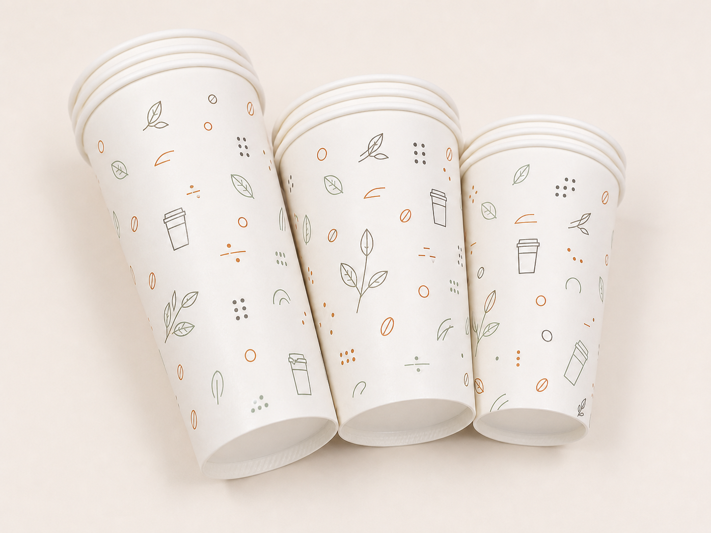 Close view of custom printing across paper cup sizes