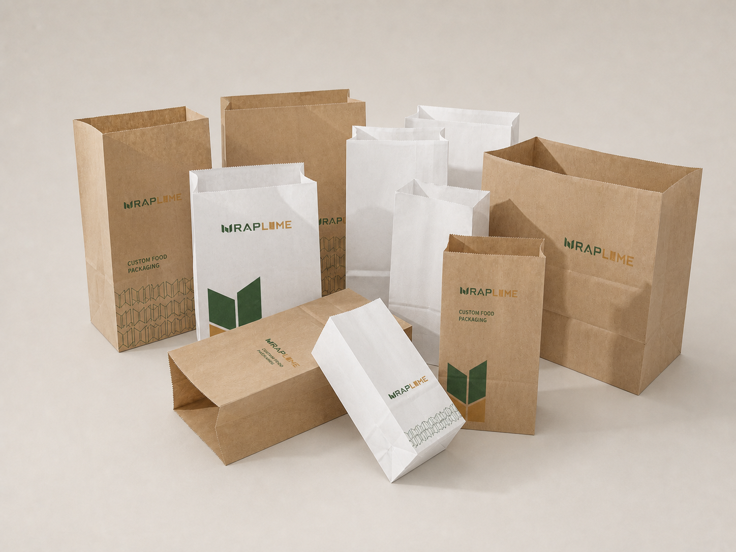 Square-bottom paper bag range in multiple sizes, kraft paper and white paper