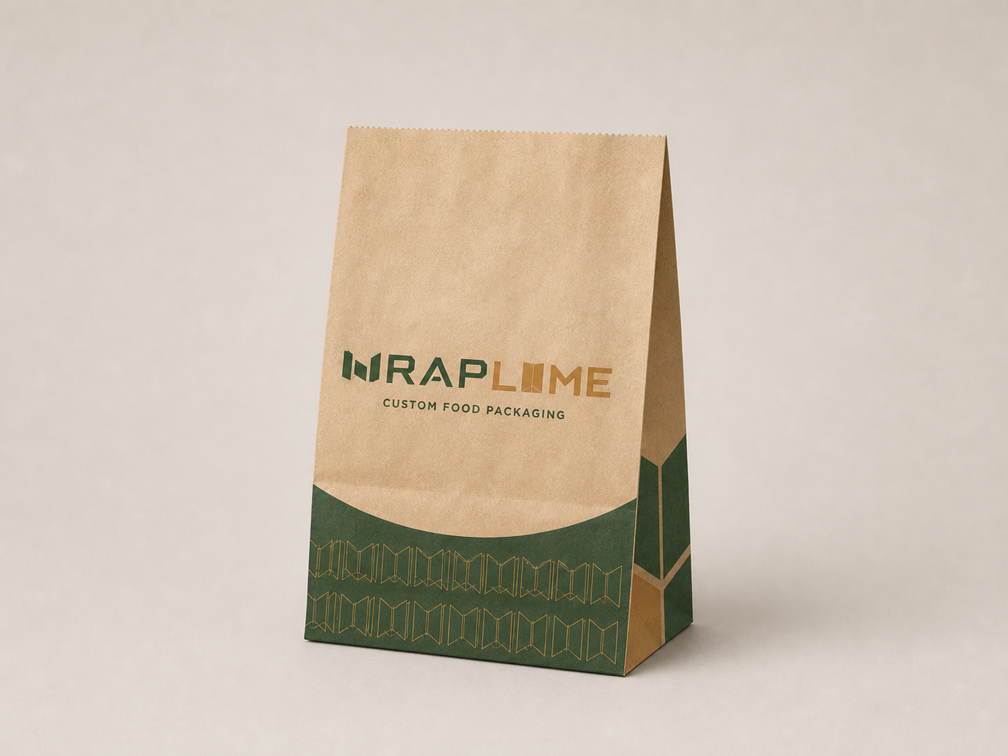 Single upright WRAPLUME square-bottom kraft paper bag showing the printed front and side gusset